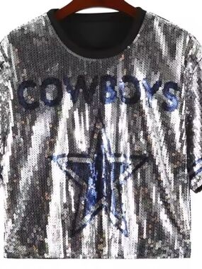 Dallas Cowboys Sequin Star Ladies Cropped Jersey - Silver with Blue Accents